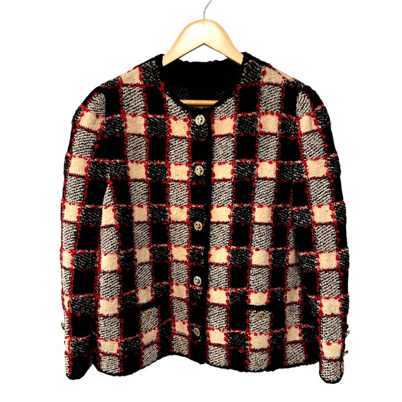 Sezane L Valerio Knit Lady Jacket Wool Checkered Boxy Blazer Gold Buttons Black - Picture 2 of 10
